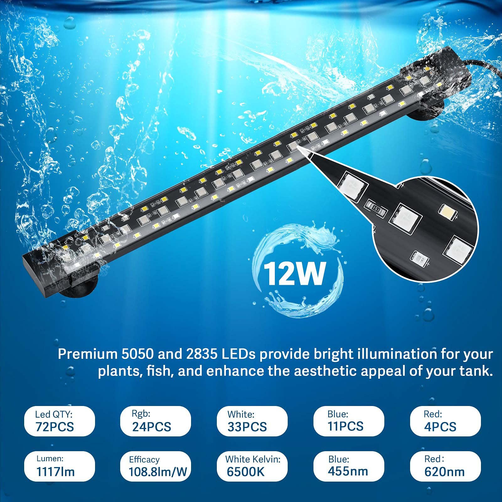 Full Spectrum WRGB Plant LED Aquarium Lights With 5 Levels Of Dimmable Suitable For Saltwater and Freshwater