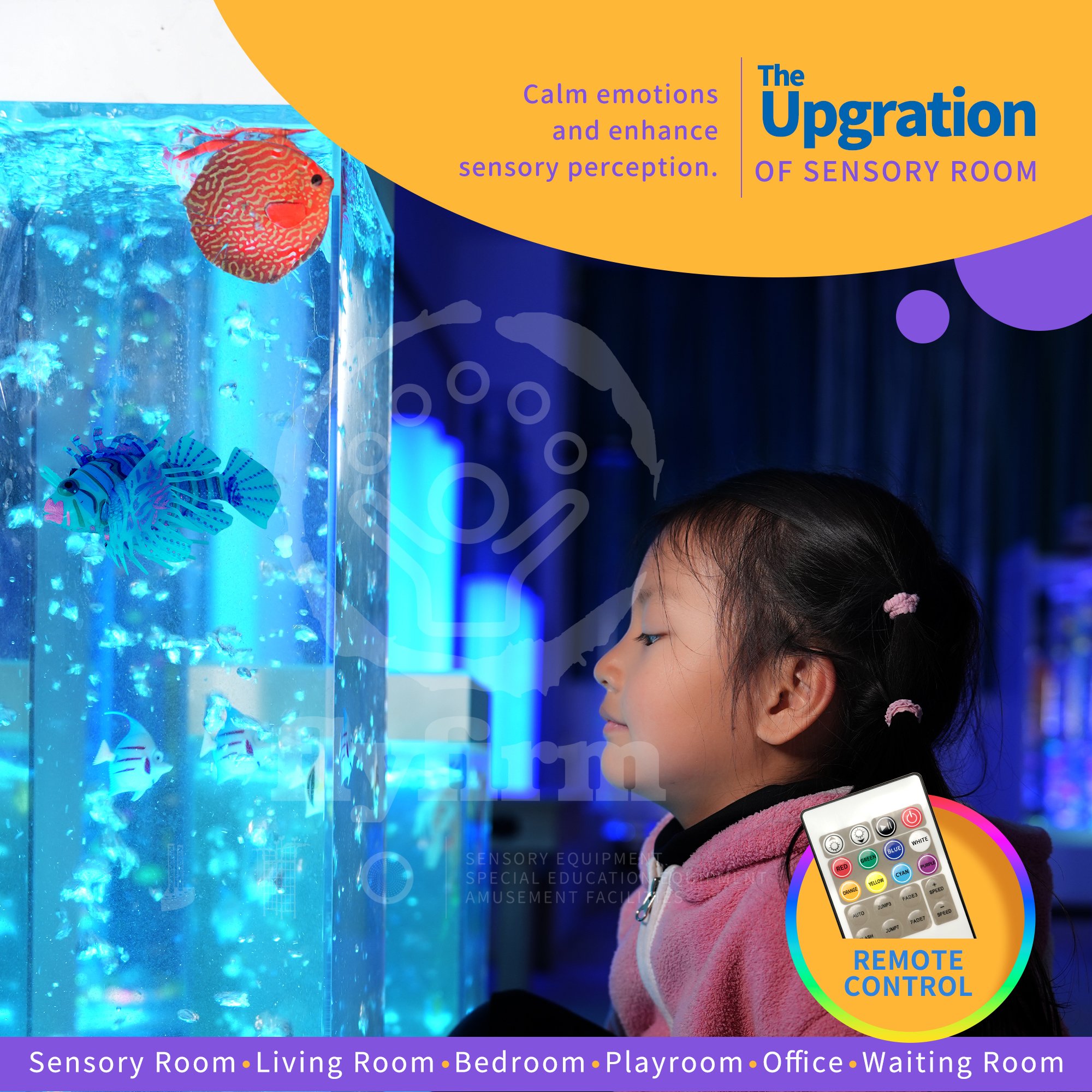 Flyfirm 32 Inch 8-Color Changing Sensory Bubble Aquarium with LED Lights 12 Floating Fish, Perfect for Autism,Anxiety Therapy