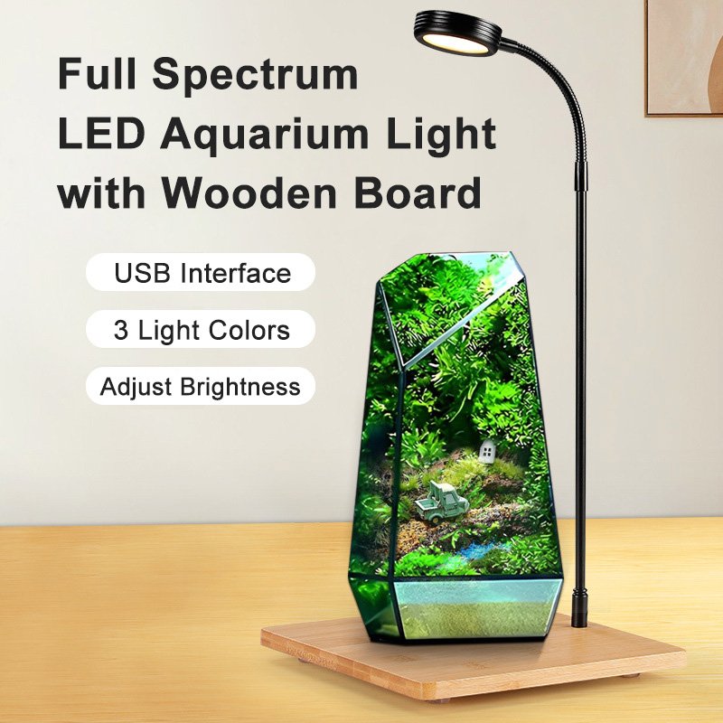 Aquatics Full Spectrum LED Light with Wooden Board USB Fits Aquarium Nano Tank Betta Fish Tank Potted Plants Miniature Landscape