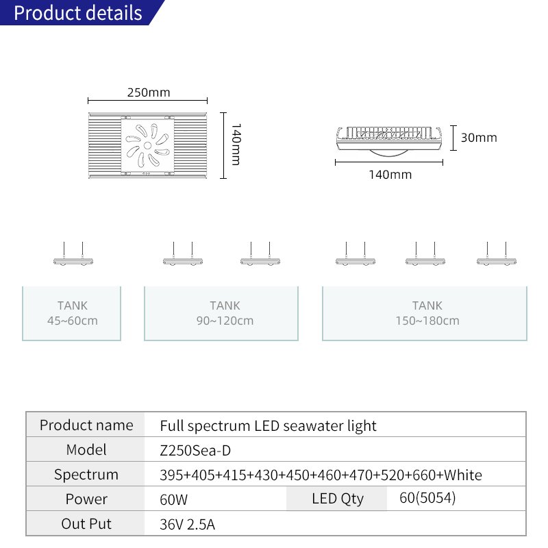 WEEKAQUA Z250 sea coral reef light led aquarium light 60w led aquarium marine accessories for saltwater fish tank