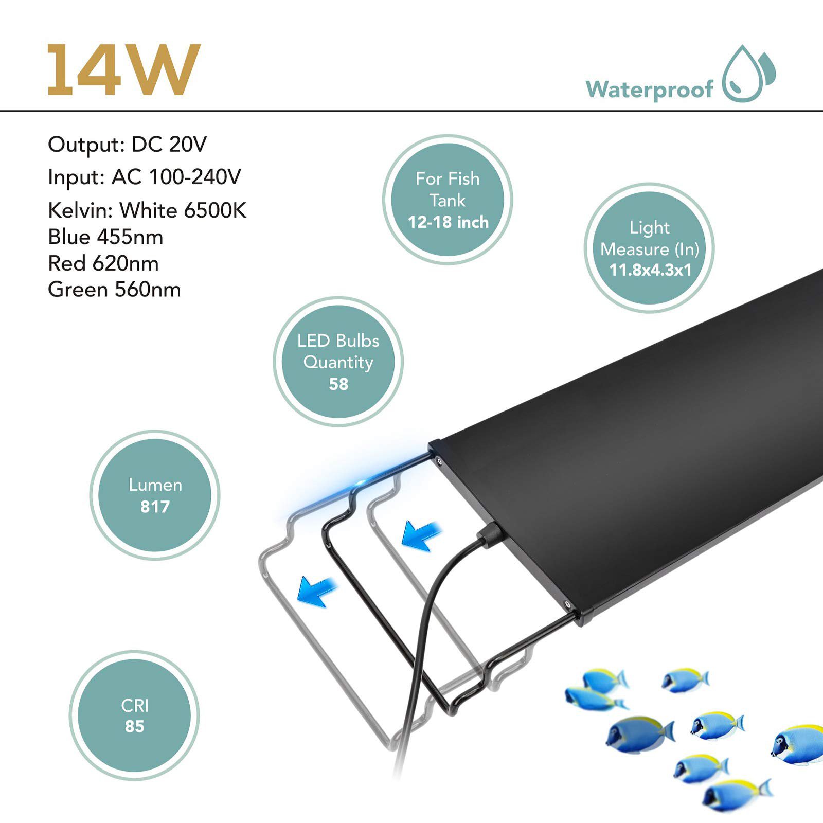 Waterproof LED Full Spectrum Aquarium Fish Tank Light With Extendable
