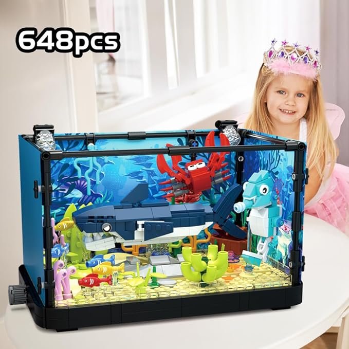 Sea World building block set, with lights, aquarium, marine life, shark ecological fish tank, and gifts for ocean lovers.