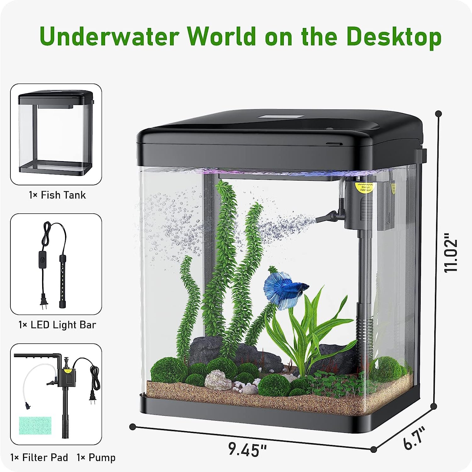 Betta Fish Tank, 2 Gallon Glass Aquarium, 3 in 1 Fish Tank with Filter and Light, Desktop Small Fish Tank