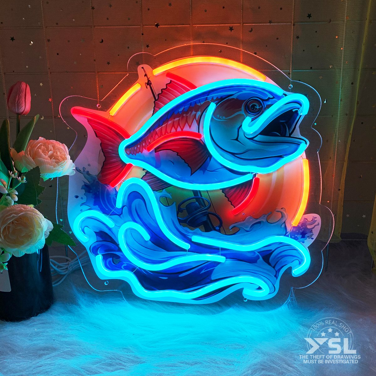 Wave and fish neon shapes apply to aquariums, fish shops, shops, Restaurants to make your shop more attractive