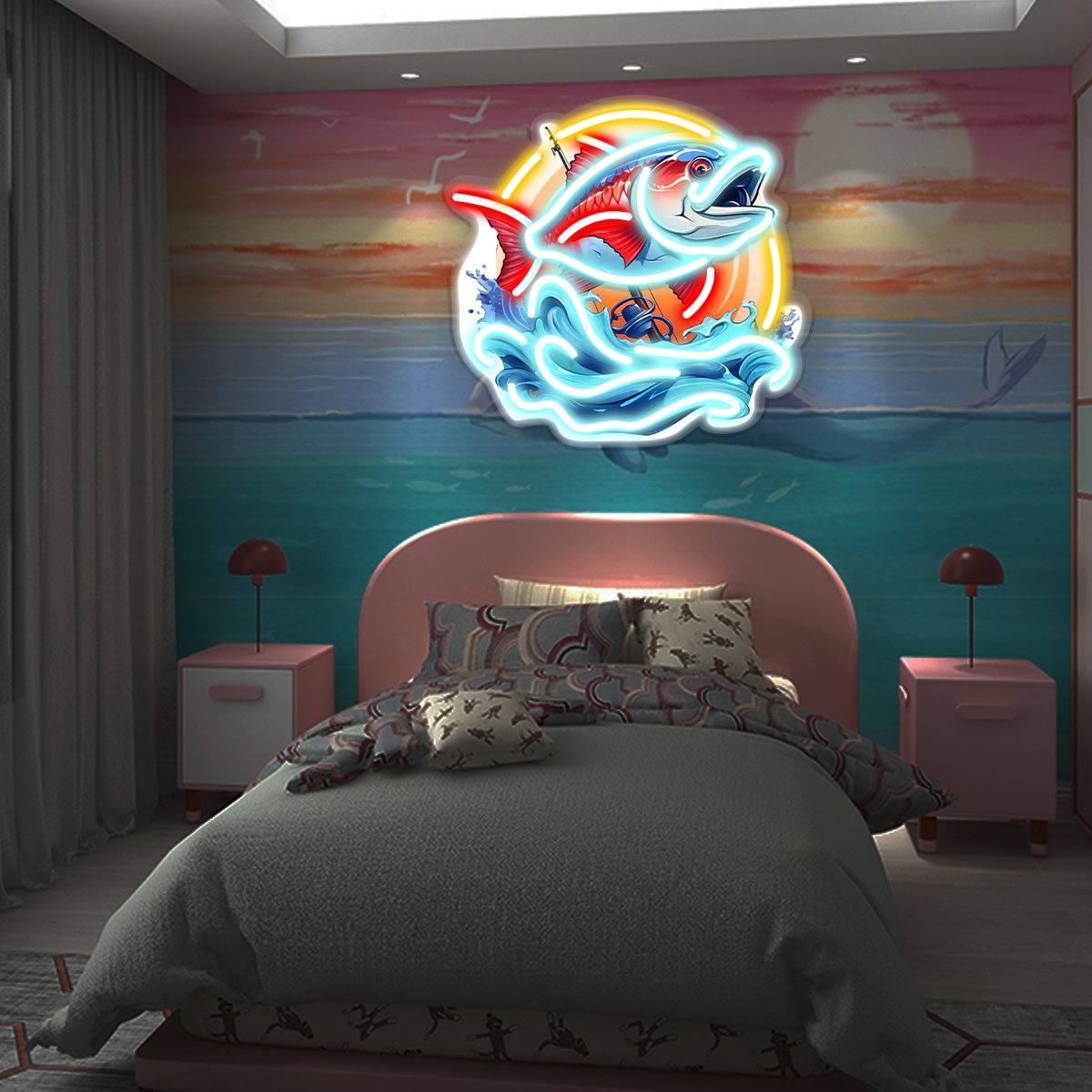 Wave and fish neon shapes apply to aquariums, fish shops, shops, Restaurants to make your shop more attractive