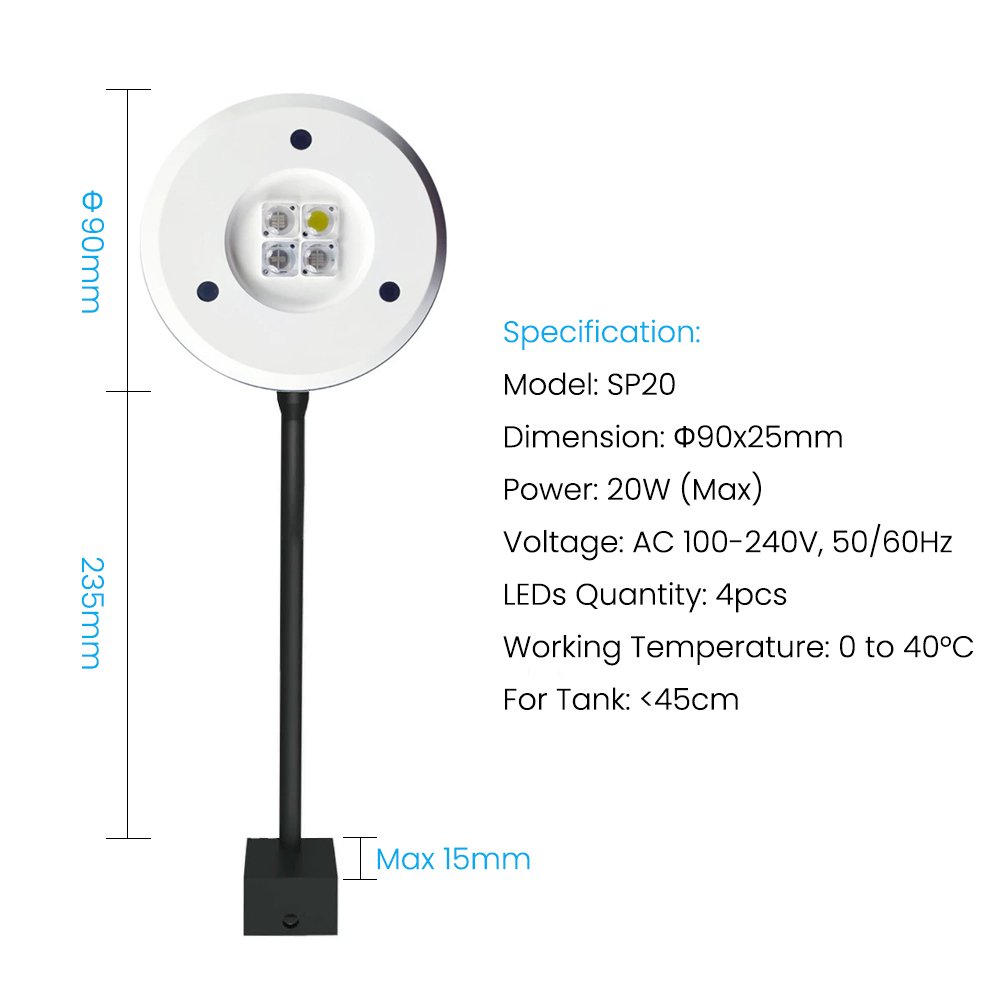 Spectra SP20 20W Full Spectrum 2 Channel Flexible Aluminum Timing Marine Freshwater Refugium Fish Tank Nano LED Aquarium Light