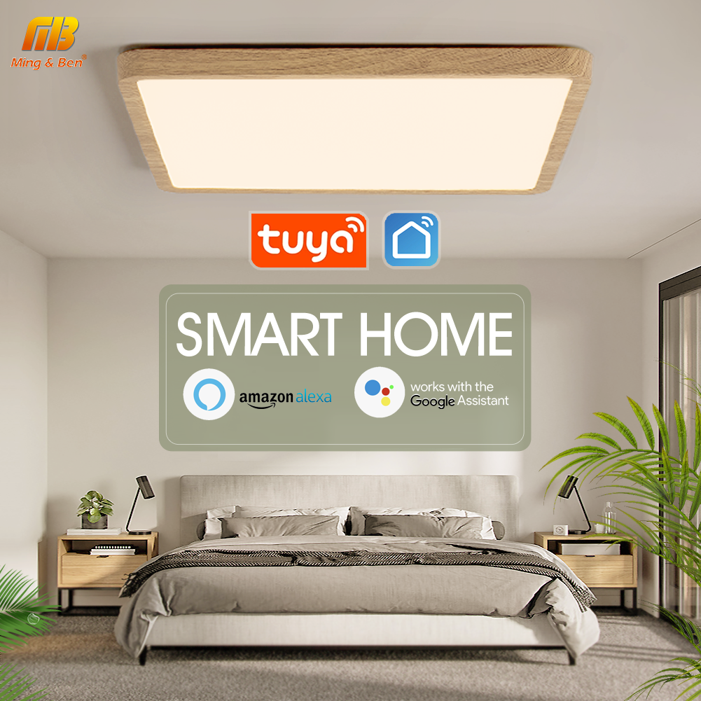 Modern Nordic Smart LED Ceiling Light with Wooden Bead Design White Shade PC Body Remote TUYA App Control for Residential Use