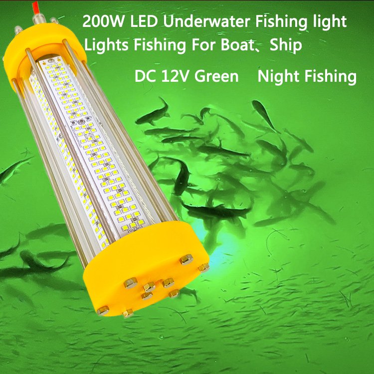 12V 200W IP68 LED Lamp for Salmon Farming and Deep Sea Fishing Green White Underwater Fish Lures Lighting Fishing Lights