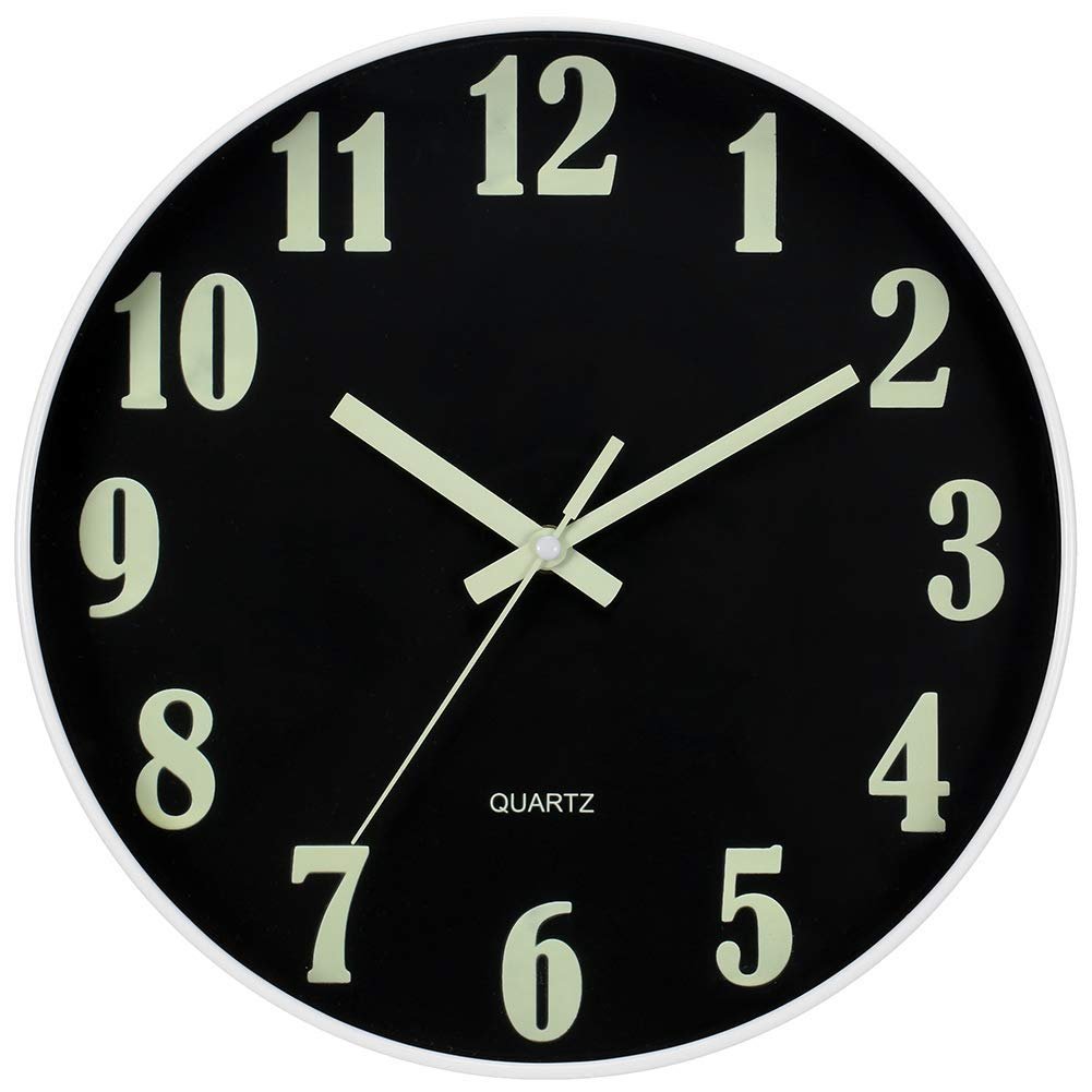 Glow and dark clock, modern silent no tick luminous wall clock battery powered, night light wall clock factory customization