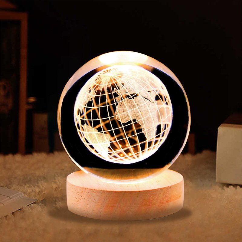 Crystal laser Milky Way ball with wood led light base that lights up