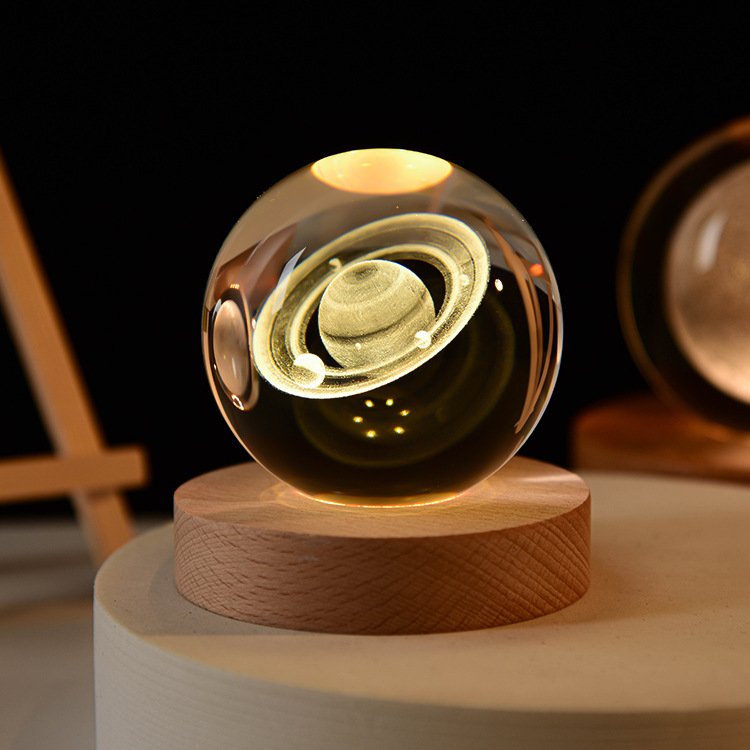 Crystal laser Milky Way ball with wood led light base that lights up