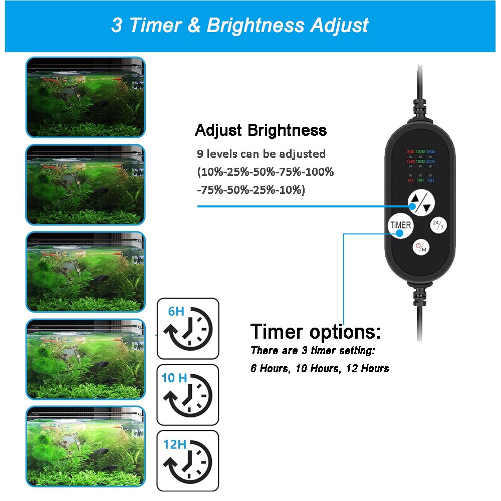 LED Aquarium Light for 12-18 Inches Fish Tank, 24/7 nature mode Full Spectrum Fish Tank Light with Timer, Brightness Adjustable