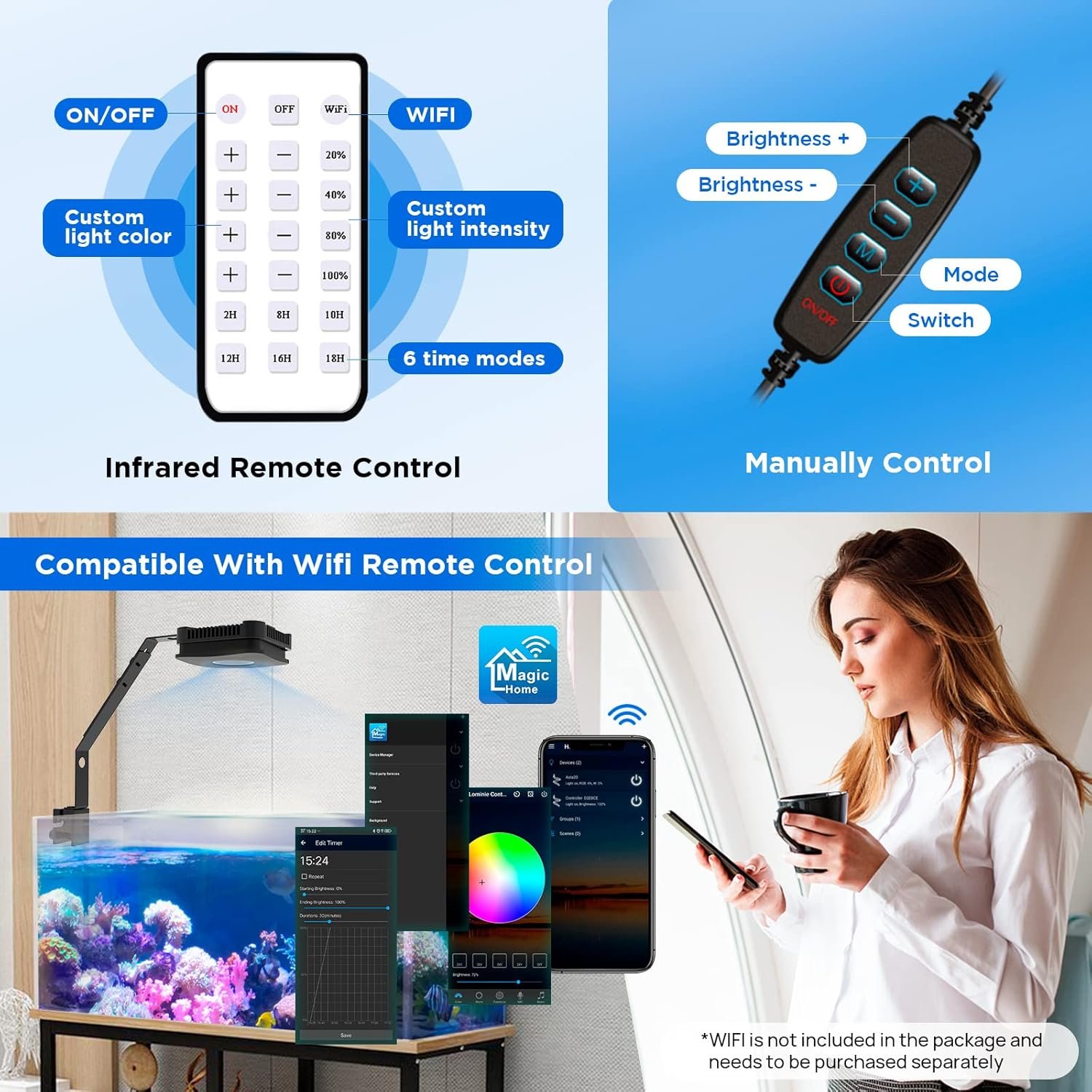 LED Marine Aquarium Light, Full Spectrum Fish Tank Light, Clip on Saltwater Planted Light for Saltwater Coral Reef Fish Tanks