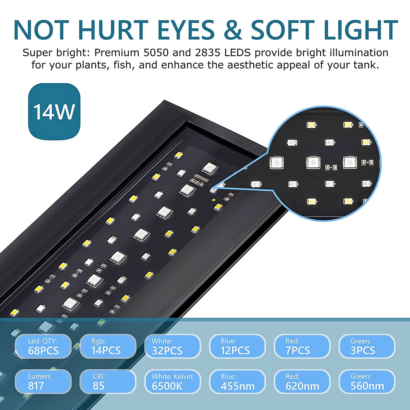 Clip On 24/7 Lighting Aquarium LED Light 14W Sunrise Daylight/Moonlight and DIY Mode 7 Colors for Fish Planted Tank Light
