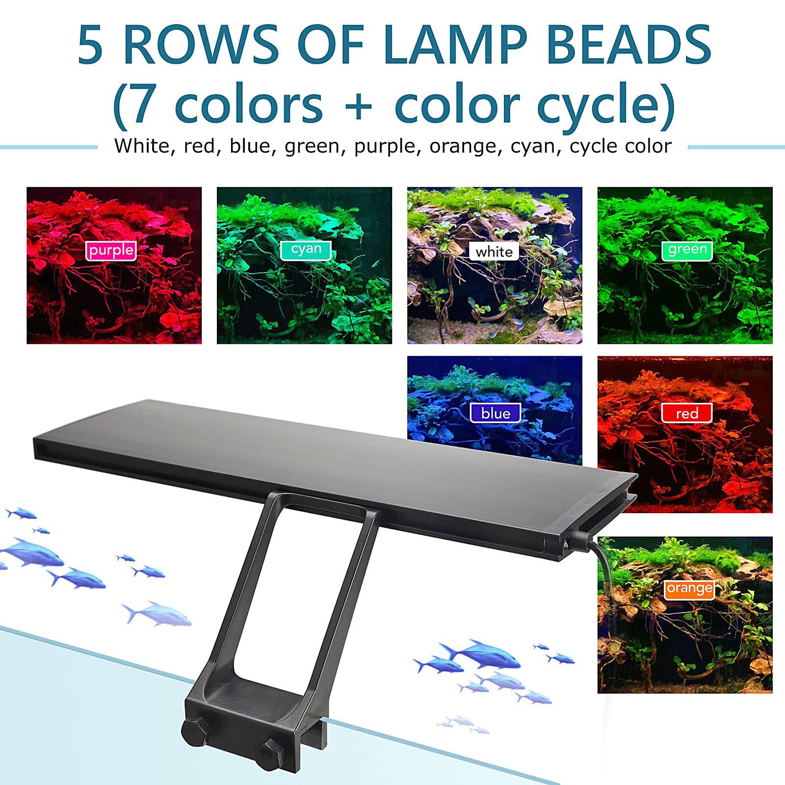 Clip On 24/7 Lighting Aquarium LED Light 14W Sunrise Daylight/Moonlight and DIY Mode 7 Colors for Fish Planted Tank Light