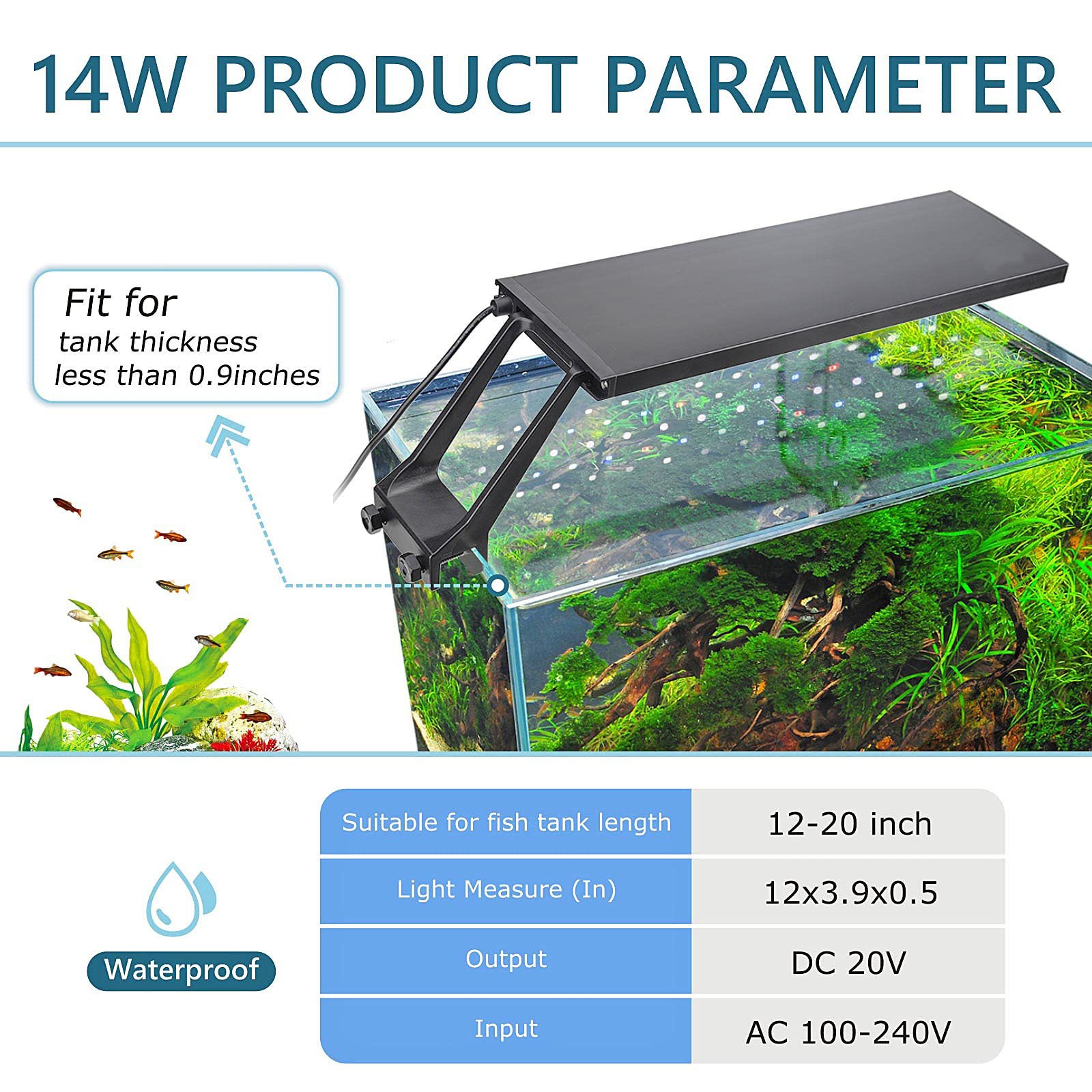 Clip On 24/7 Lighting Aquarium LED Light 14W Sunrise Daylight/Moonlight and DIY Mode 7 Colors for Fish Planted Tank Light