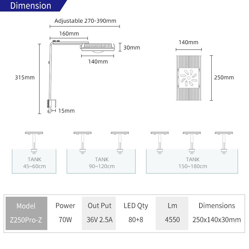 WEEK AQUA Z250Pro spotlight RGB UV full spectrum Intelligent APP control sunrise and sunset led aquarium light for fish tank