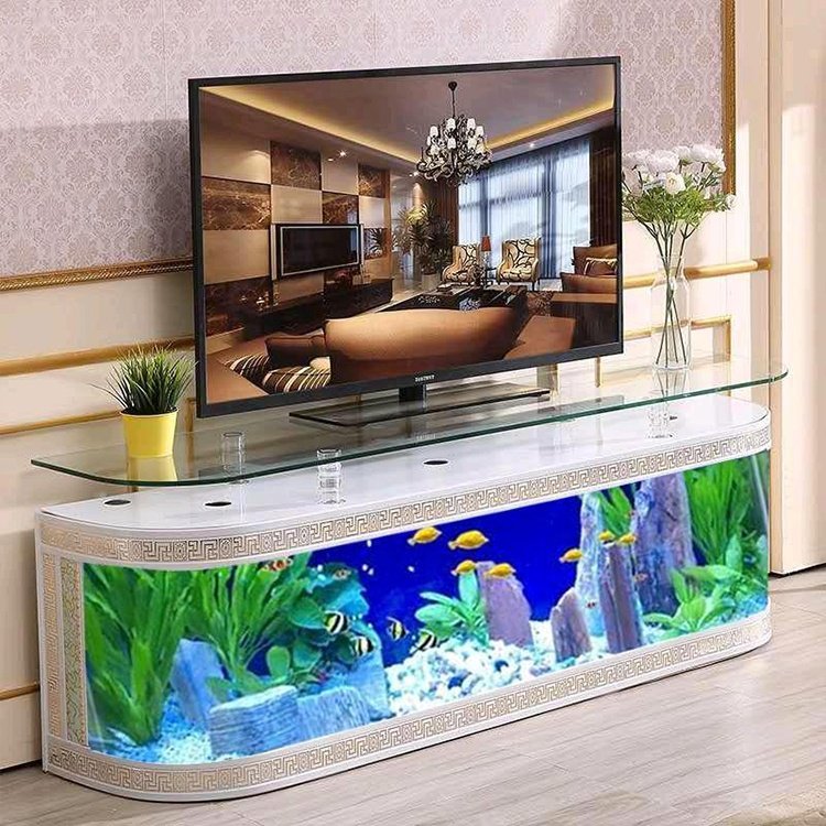 Household furniture luxury glass table coffee table with aquarium tea table and Tv cabinet fish tank stand with lamp