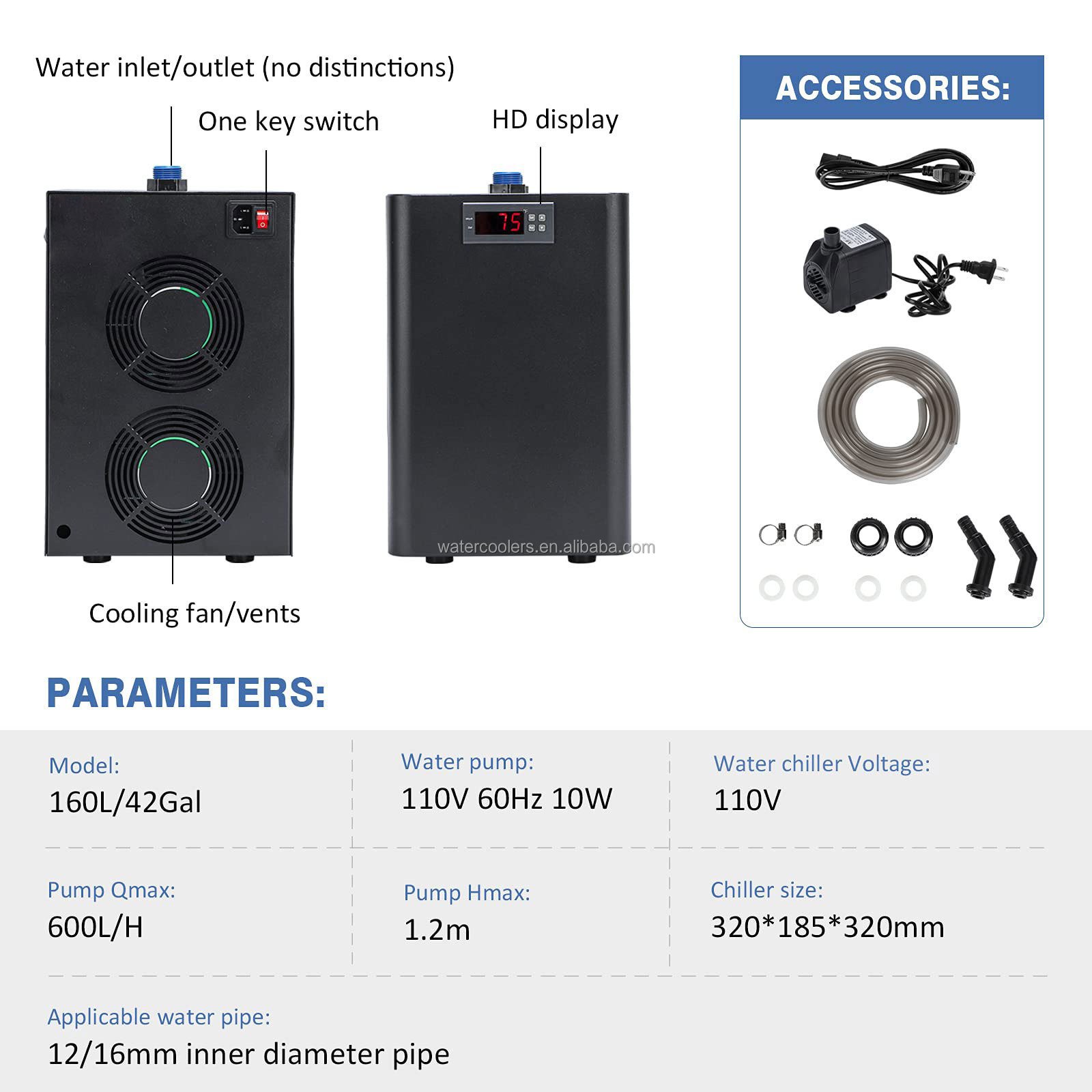 160L 300L Aquarium Chiller 75gal 1/3 HP Fish Tank Chiller Special Quiet Design Refrigeration Compressor