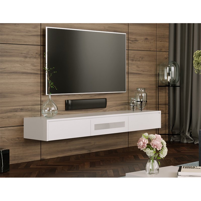 Smart Wooden Living Room High Glossy White Modern LED Lights TV Cabinet Stand