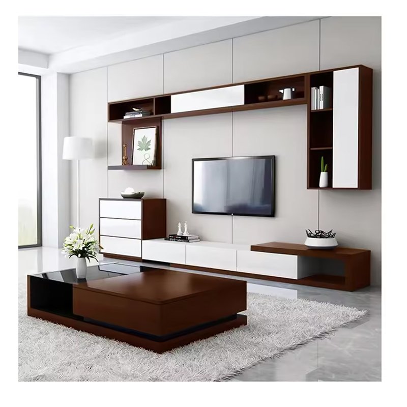 Smart Wooden Living Room High Glossy White Modern LED Lights TV Cabinet Stand