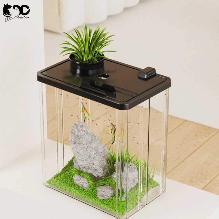 Geerduo Self Cleaning LED Light Small Mini Fish Tank Aquarium Starter Kit with Super-Quiet Water Pump