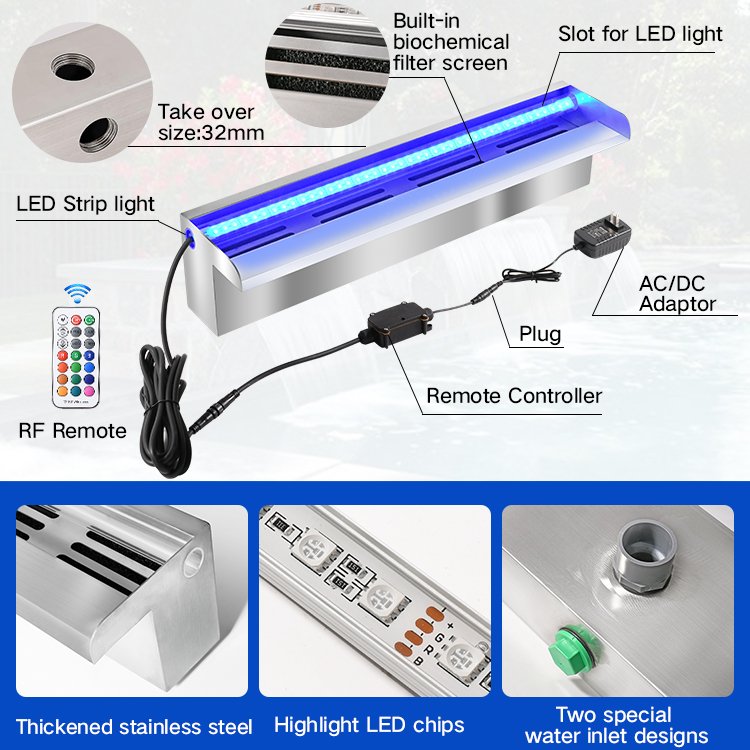 Factory Direct Supply Cheap Price Aquarium Rgb Light Stainless Steel Swimming Portable Pool Waterfall Fountain