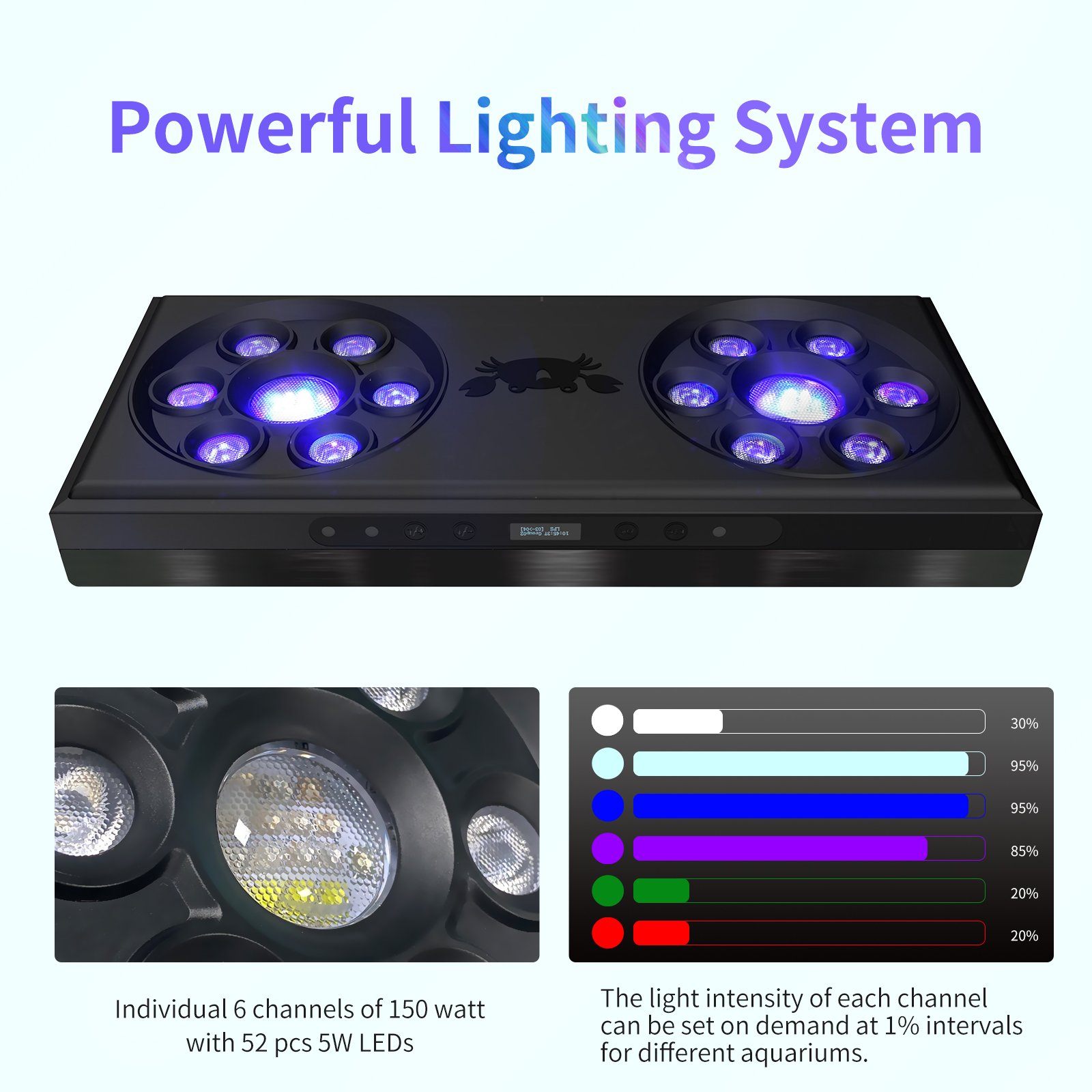 CTLite 52PCS Epistar SPS LPS Two-roller smart silence fan LED Aquarium Lighting 140W 6 Channels For Corals Reef Tank