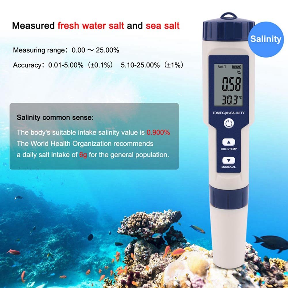 Digital pH Meter, Upgraded High Accuracy Tester Pen, 5 in 1 TDS/EC/pH/Salinity/Temperature Water Quality Monitor Tester TP16