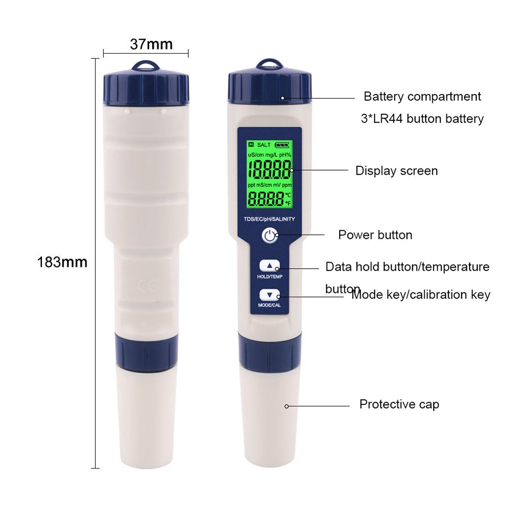Digital pH Meter, Upgraded High Accuracy Tester Pen, 5 in 1 TDS/EC/pH/Salinity/Temperature Water Quality Monitor Tester TP16