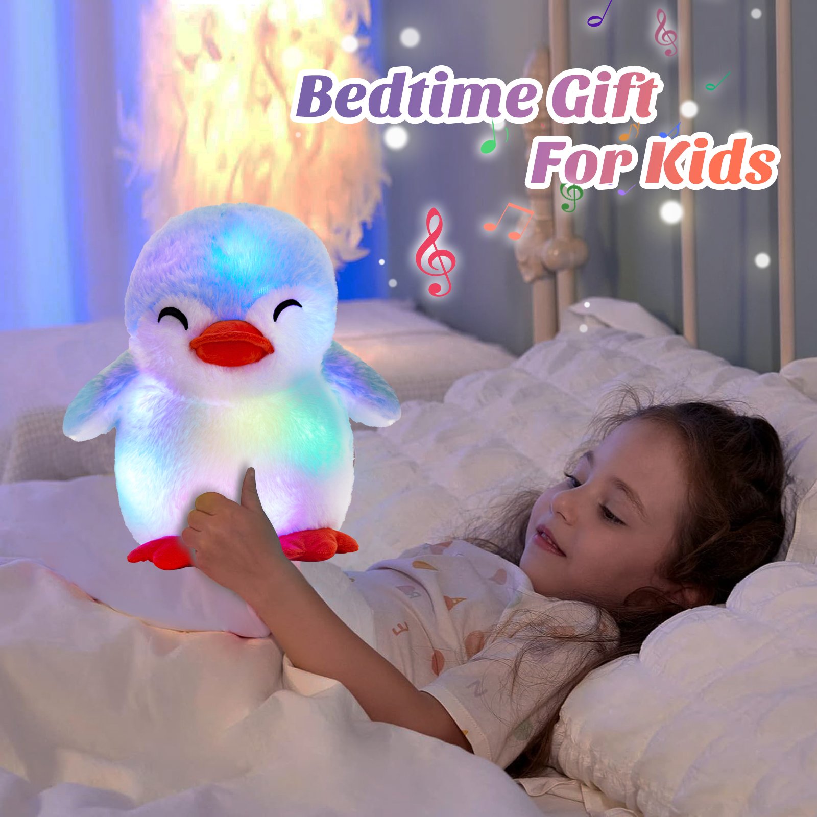 Glow Guards 12'' Light up Stuffed Blue White Penguin Snuggle Soft Plush Toy with LED Night Lights Glow Birthday for Toddler Kids