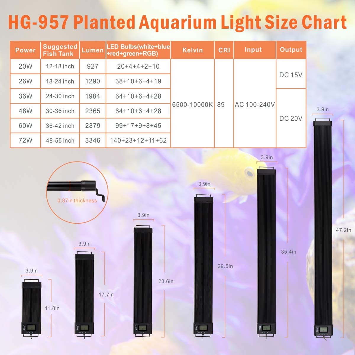 Full spectrum plant aquarium fish tank light with timer automatic on/off suitable for aquascaping and freshwater