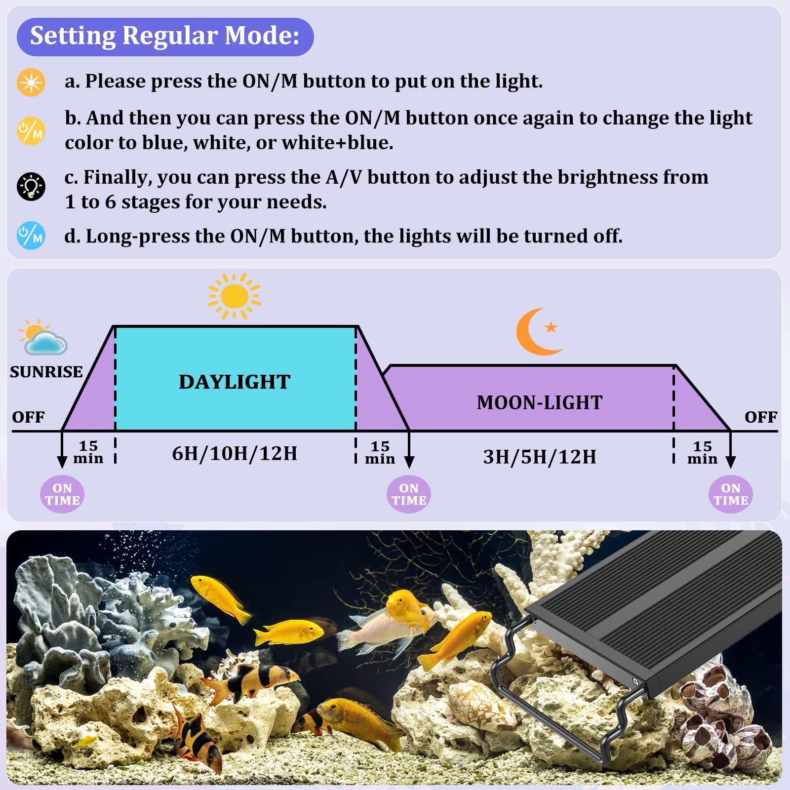 Aluminum Alloy LED Aquarium Light Full Spectrum Fish Tank Light for 12-54 inch - DIY Adjustable Timer & Brightness