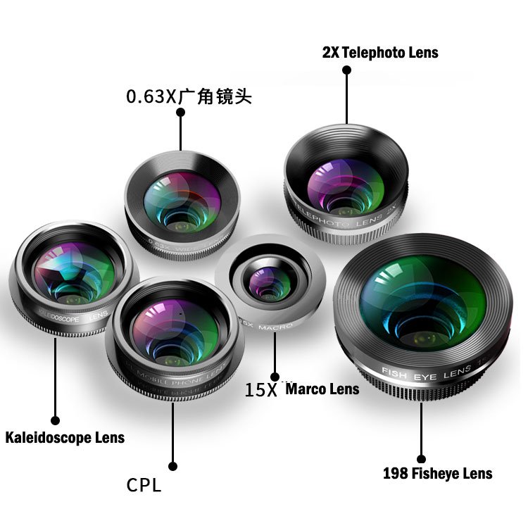 6 in 1 Universal Clip On 0.63 Wide Angle+ 15X Macro+ 198 Fisheye+2X Telephoto+ Kaleidoscope+ CPL Camera Lens Smart Phone Lens