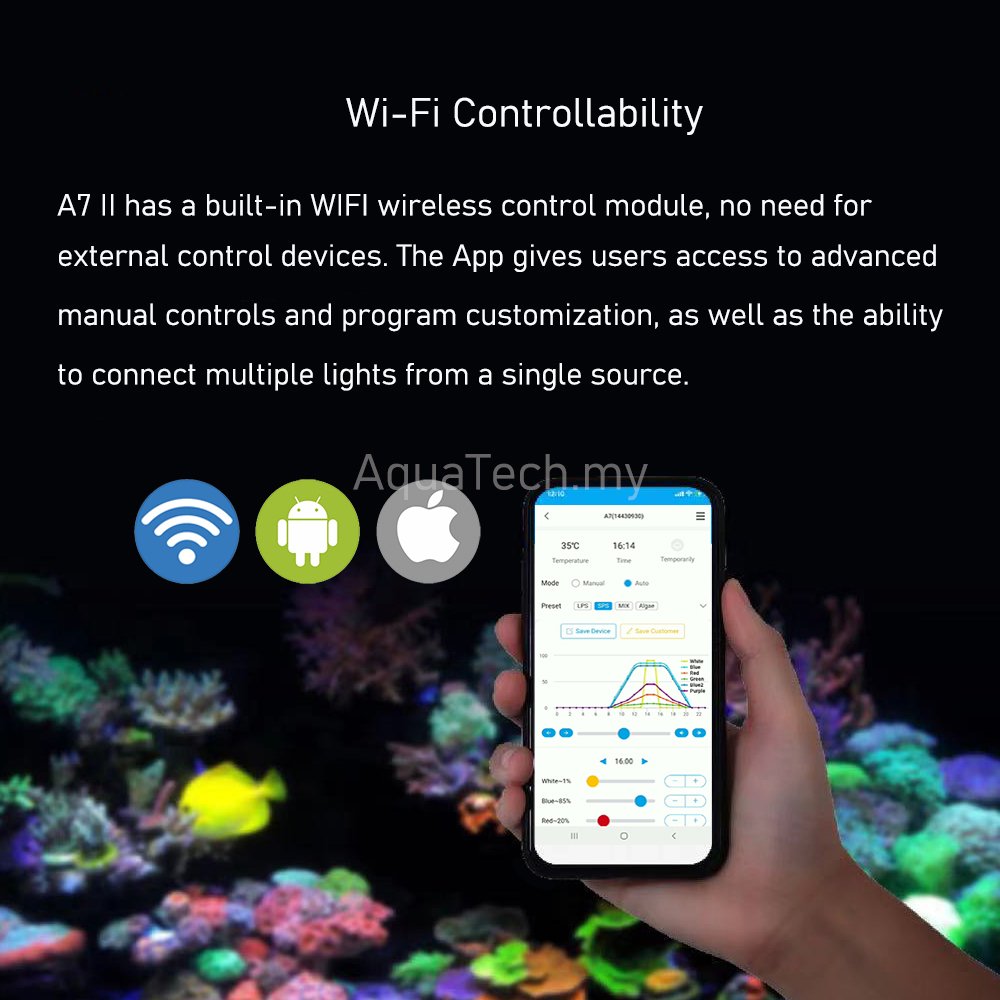 Wholesale A7 Smart Full Spectrum 100W WiFi Programable LED Marine Aquarium Reef Light for Saltwater Fish Tank