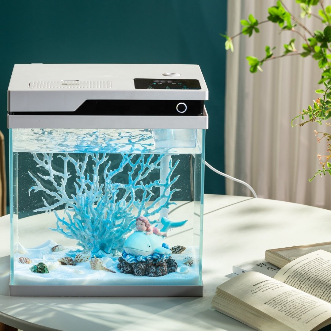 Yee Automatic Feeding Smart Small Fish Tank Ultra white clear Glass smart Aquarium with Filter and LED Light