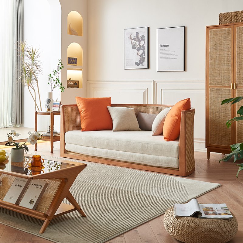 Bali Asian Japanese style modern solid wood frame with rattan living room sofa bed round cheap shape sofabed for hotel apartment