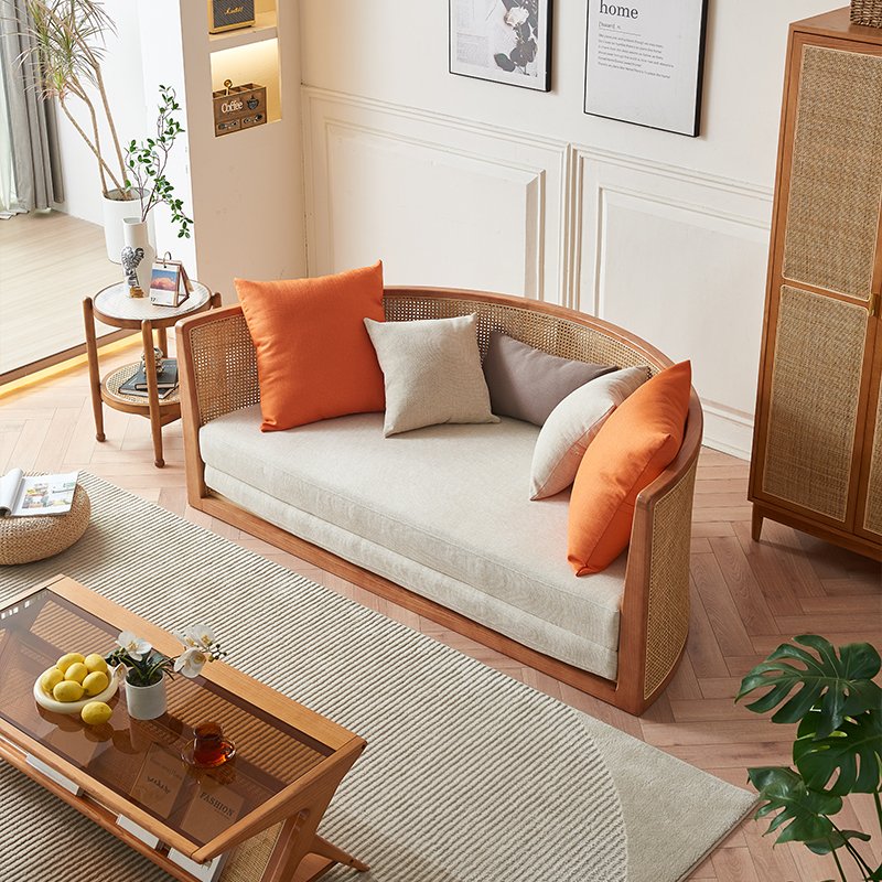 Bali Asian Japanese style modern solid wood frame with rattan living room sofa bed round cheap shape sofabed for hotel apartment
