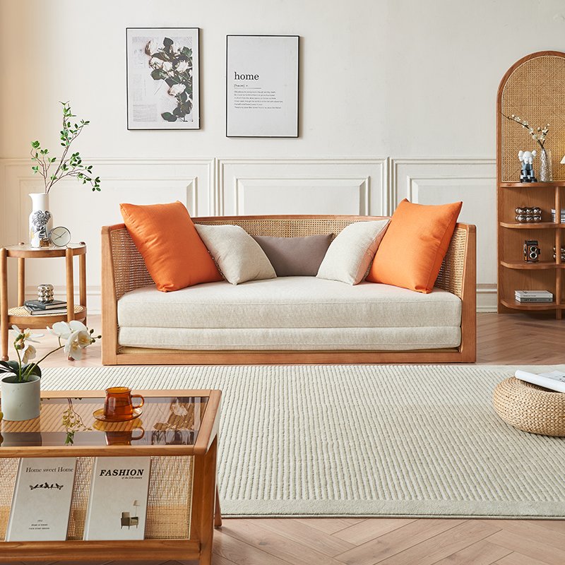 Bali Asian Japanese style modern solid wood frame with rattan living room sofa bed round cheap shape sofabed for hotel apartment