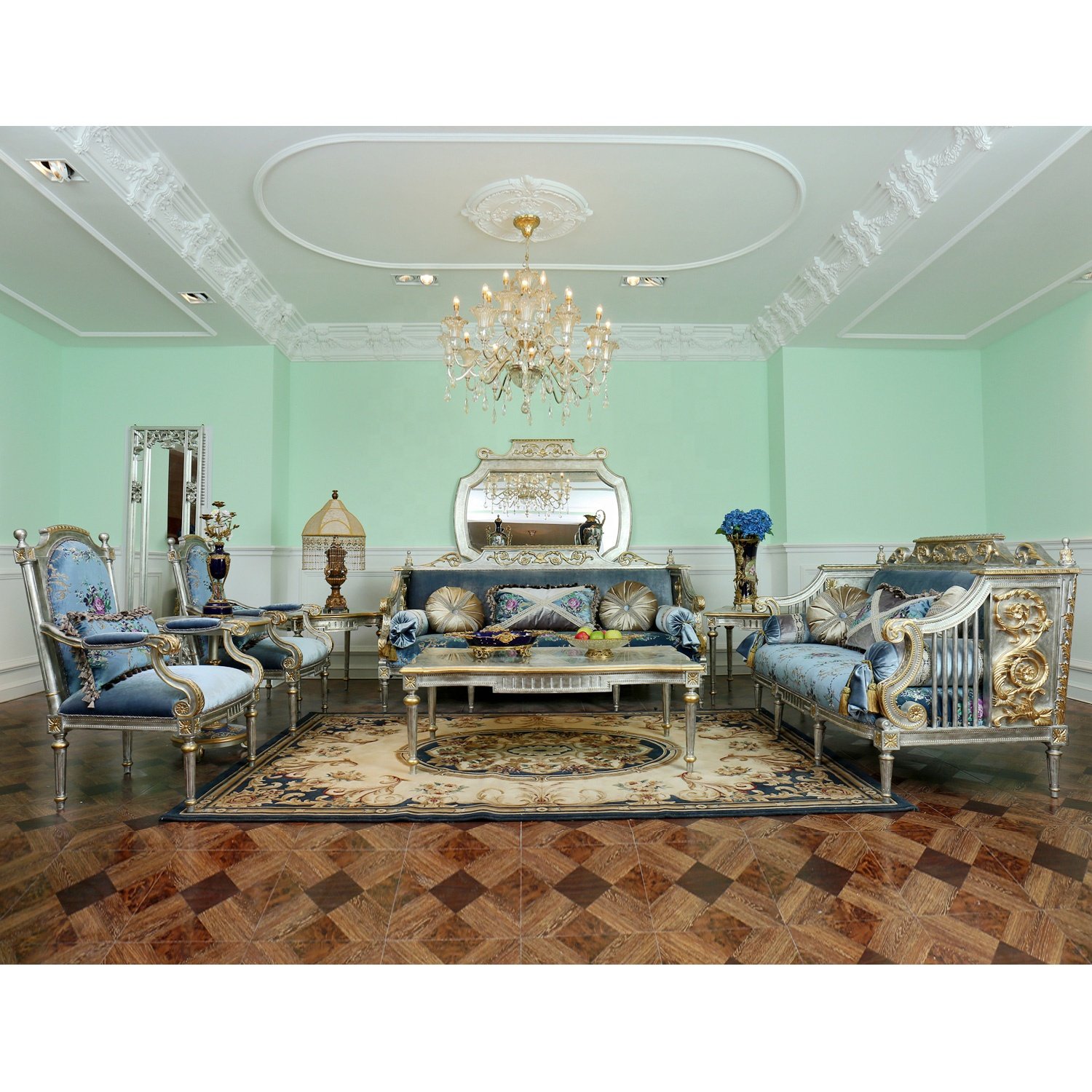 French classic Italy fabric solid wood 7 section couch living room sofa set