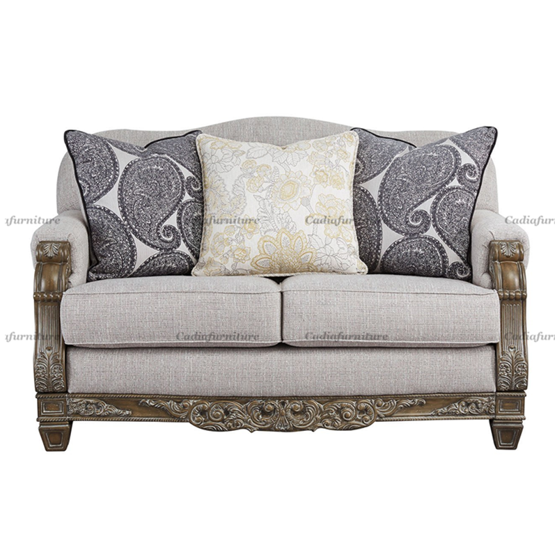 American style solid wood carved frame cotton linen fabric sofa living room sofa set gray solid wood fabric sofa