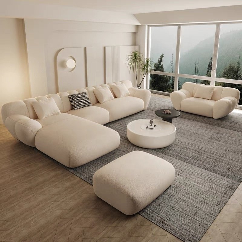 Maxky French Retro Cream Petal Sofa Light Luxury Home Furniture Living Room Straight Row Marshmallow Milk Velvet Sofa