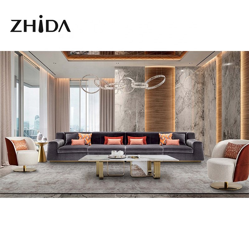 Zhida foshan custom home furniture Italian design luxury gold metal leg couch sofas villa living room sofa set furniture