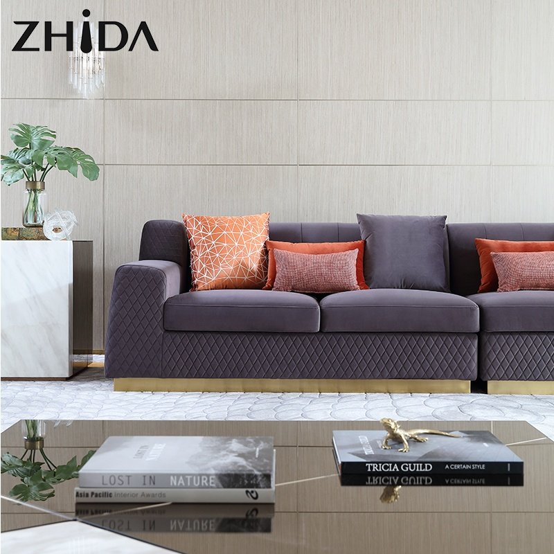 Zhida foshan custom home furniture Italian design luxury gold metal leg couch sofas villa living room sofa set furniture