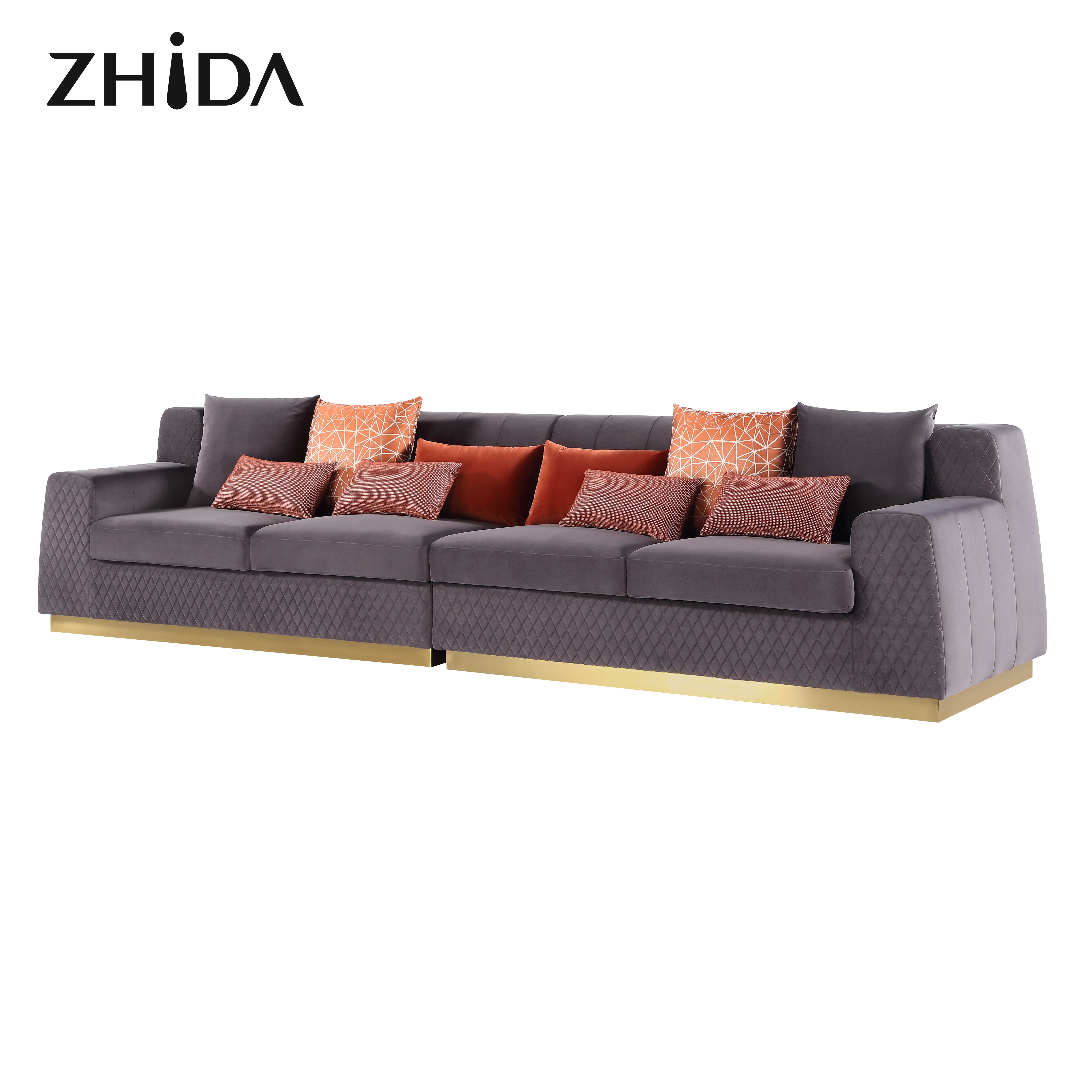 Zhida foshan custom home furniture Italian design luxury gold metal leg couch sofas villa living room sofa set furniture
