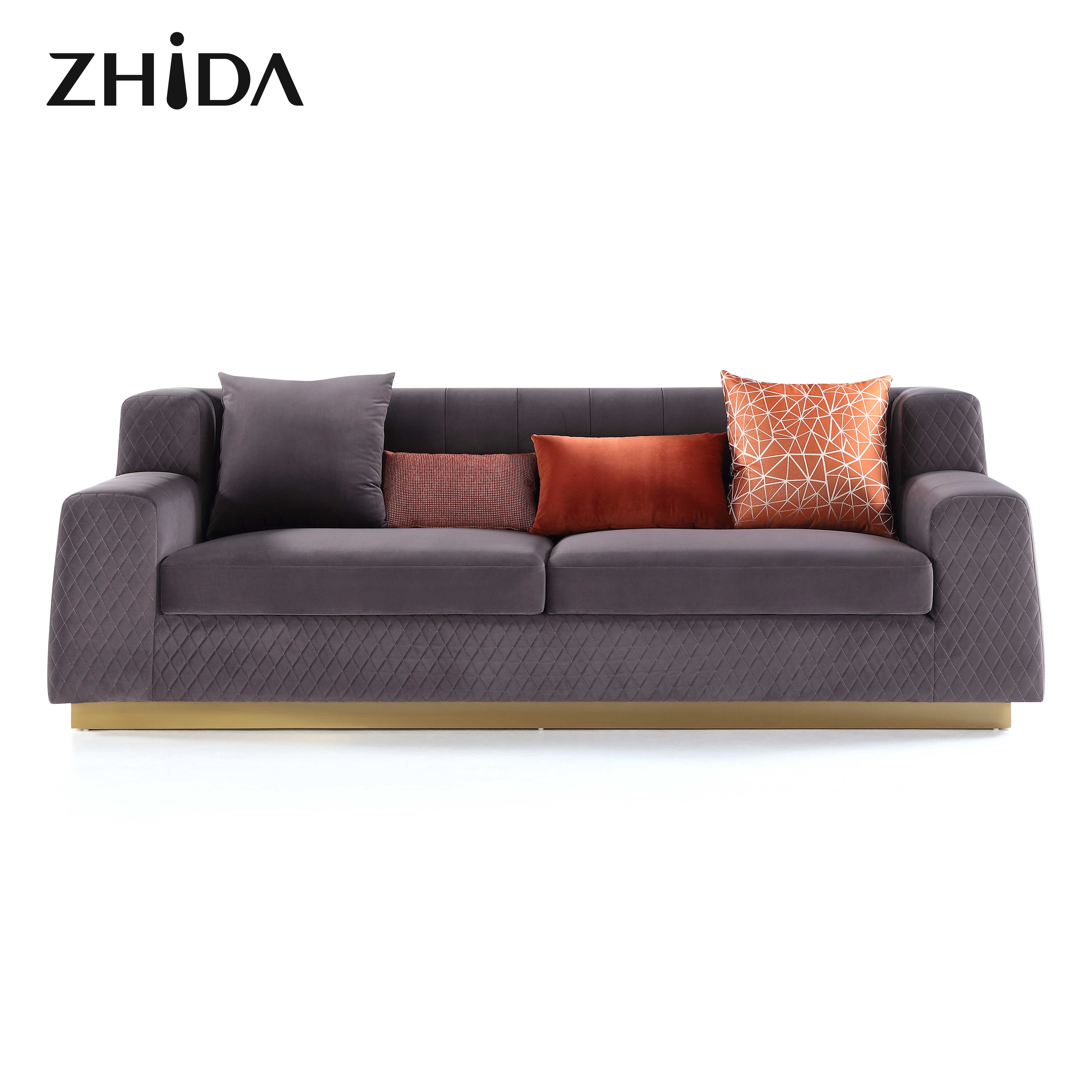Zhida foshan custom home furniture Italian design luxury gold metal leg couch sofas villa living room sofa set furniture