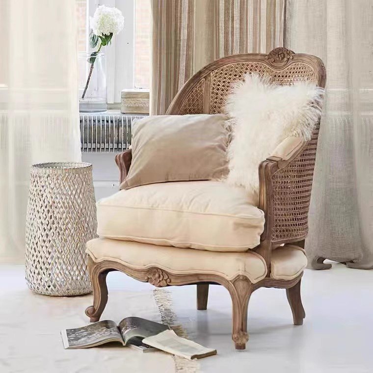 Factory direct sales French style solid wood oak rattan single sofa chair Living room Coffee shop Clothing shop Leisure chair