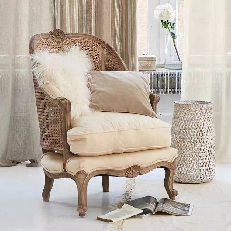 Factory direct sales French style solid wood oak rattan single sofa chair Living room Coffee shop Clothing shop Leisure chair