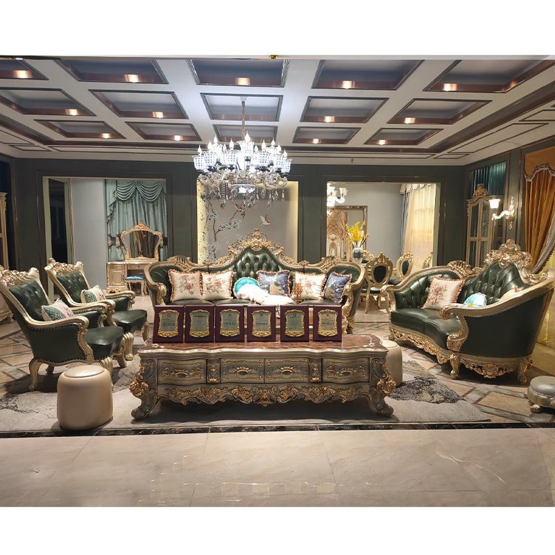 European Royal Style Sofa Furniture Sets Luxury Classic Carved Wood Genuine Leather Living Room sofa