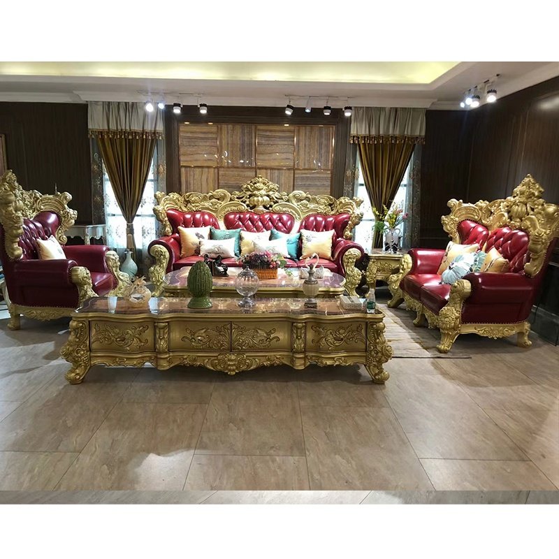 European Royal Style Sofa Furniture Sets Luxury Classic Carved Wood Genuine Leather Living Room sofa